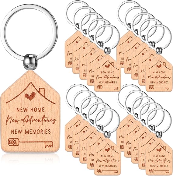 20-Piece New Home Wooden Keychain Set – Housewarming Gift Key Rings, Engraved Wood Key Holders for New Homeowners DISH CONNECT