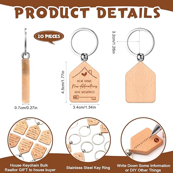 20-Piece New Home Wooden Keychain Set – Housewarming Gift Key Rings, Engraved Wood Key Holders for New Homeowners DISH CONNECT