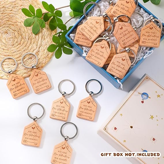 20-Piece New Home Wooden Keychain Set – Housewarming Gift Key Rings, Engraved Wood Key Holders for New Homeowners DISH CONNECT
